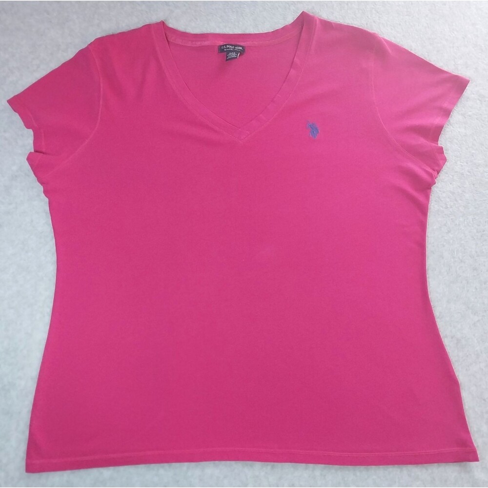 U.S. Polo Assn.  Womens Hot Pink Solid V-Neck Short Sleeve Logo T-Shirt Size XXL